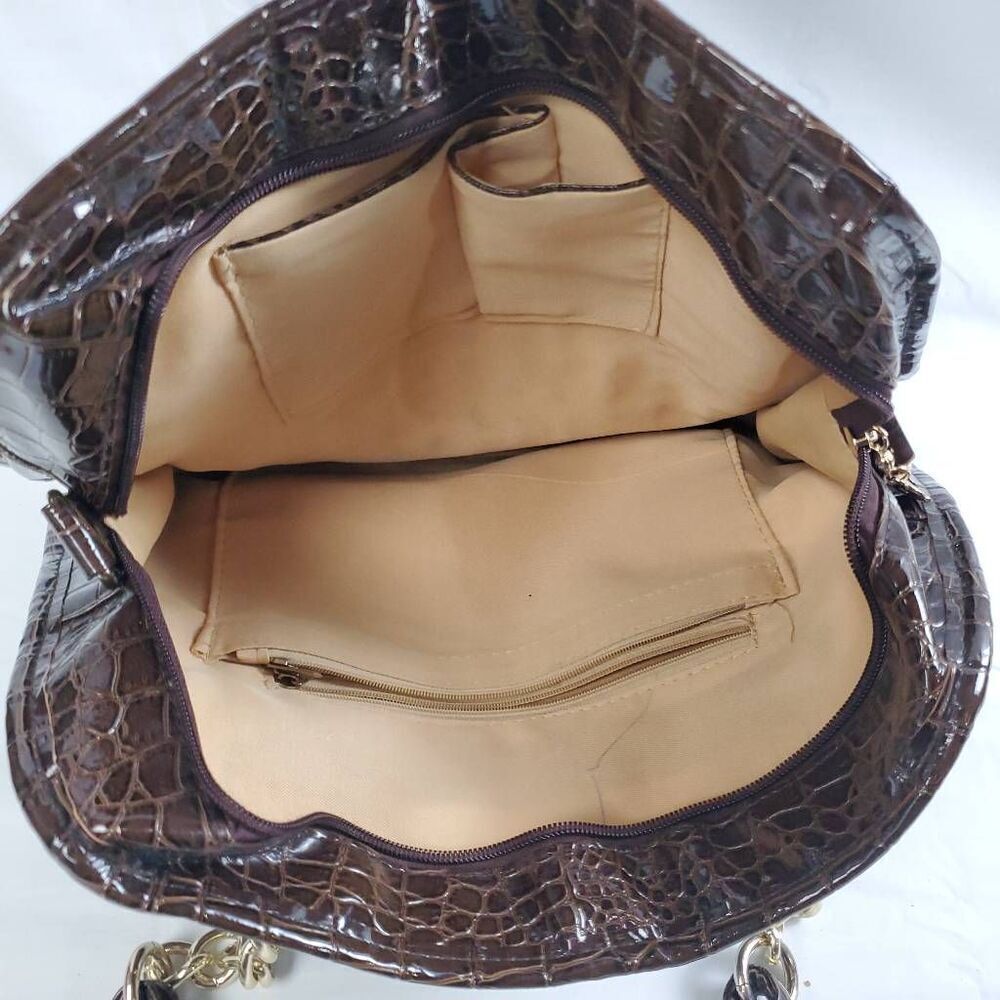 Brown Studded Faux Croc Tote Purse Gold Chain Handles Glam Satchel 13x11 - Picture 6 of 8
